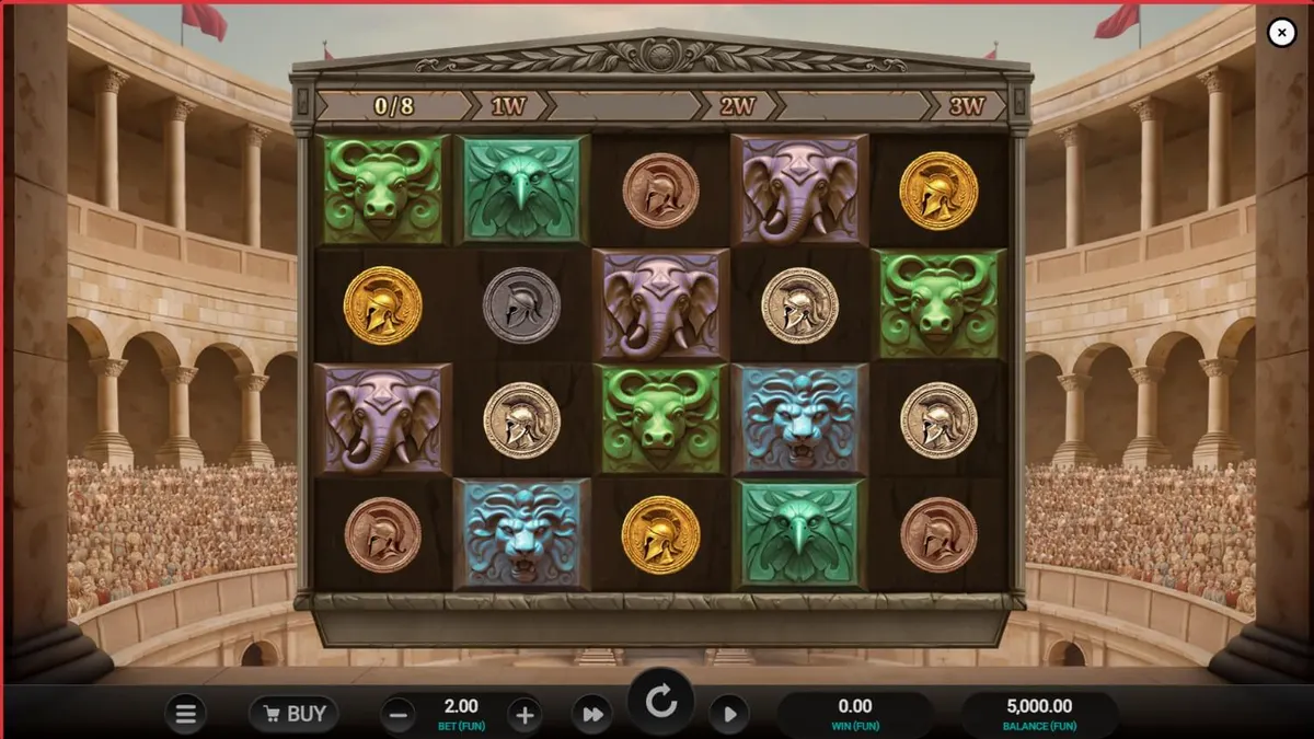 Interface do jogo de slot Arena of Fortune com tema de gladiadores