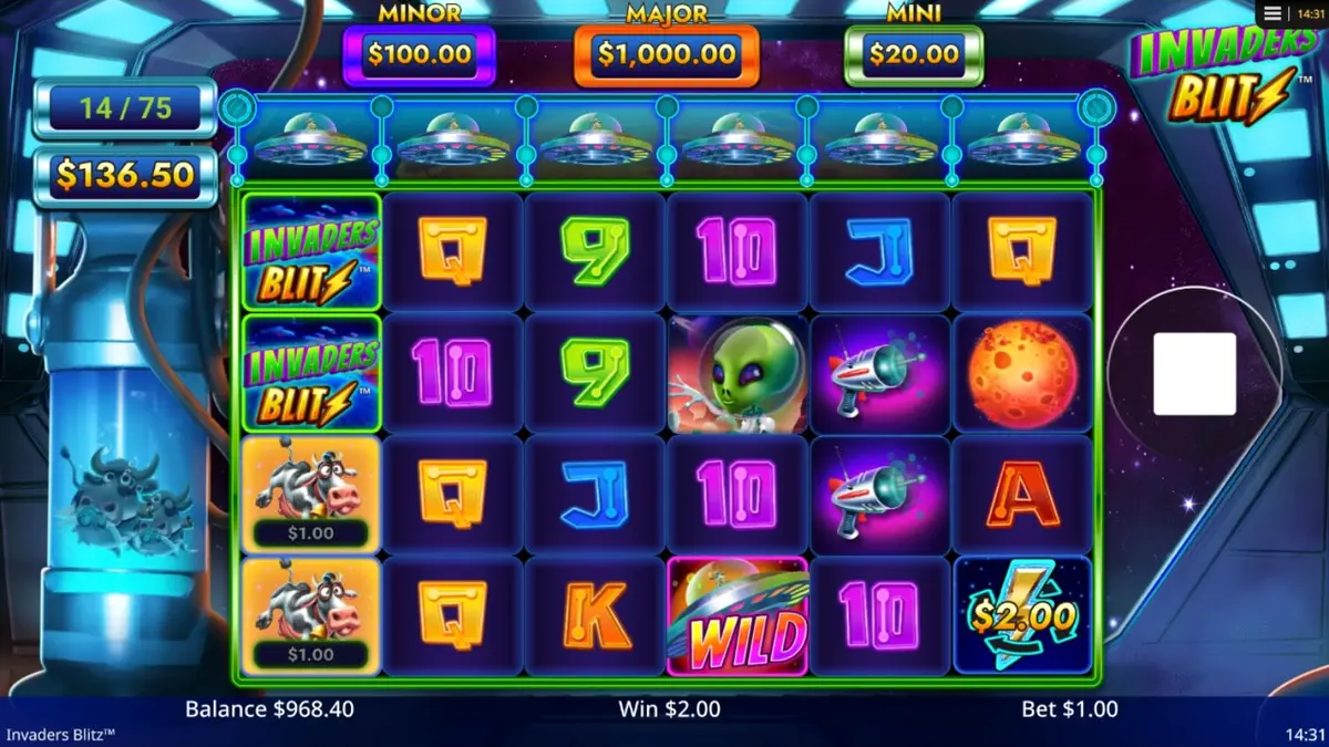 Interface do jogo de slot Invaders Blitz com tema alienígena