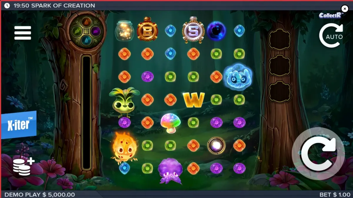 Cena mágica da floresta em Spark of Creation com criaturas elementais